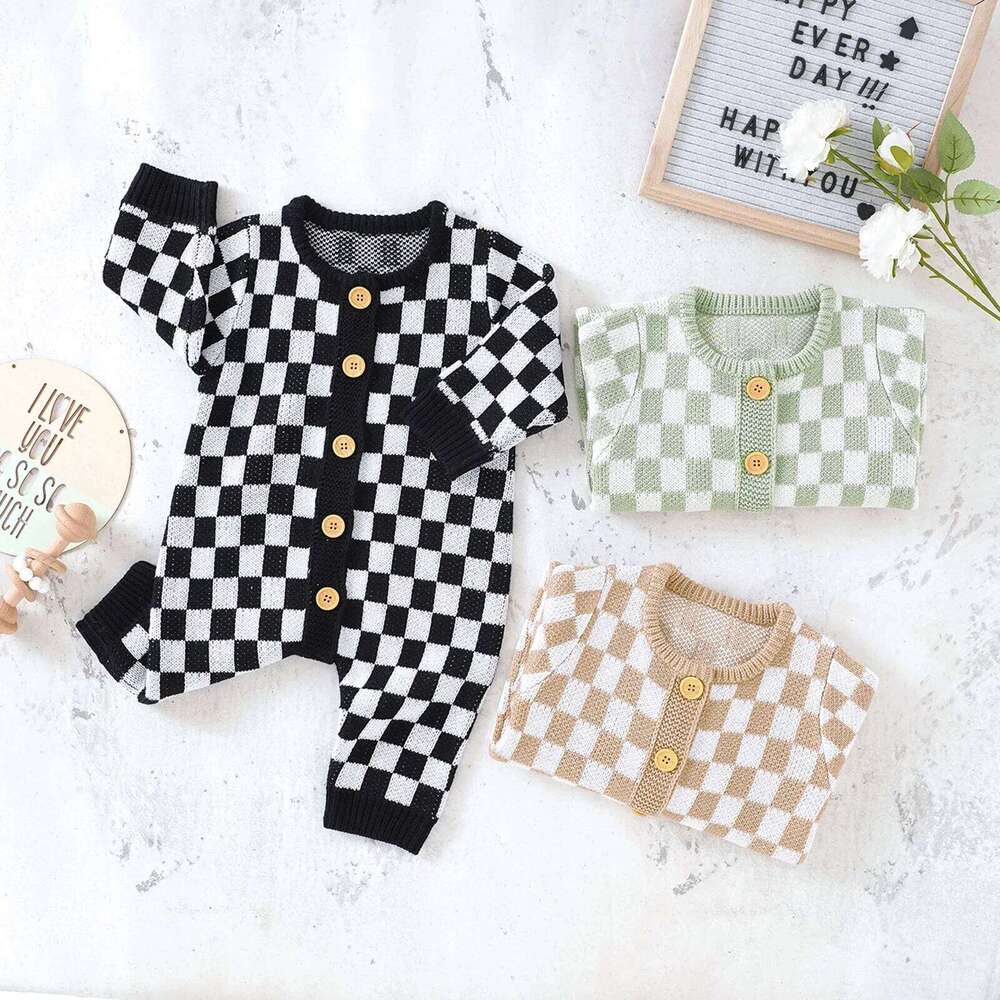 Lioraitiin Newborn Baby Sweater Romper Knitted Long Sleeve Checkerboard Plaid Print Jumpsuit Infant Knit Outfits Winter Clothes 26H0224
