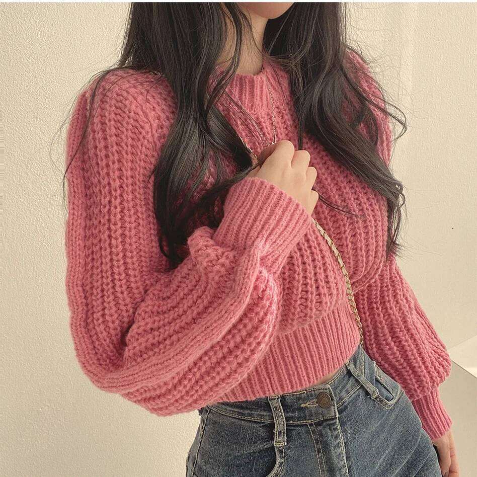 Korean Loose Long Sleeve Sweaters Fashion Women Harajuku Lantern Knit O-Neck Solid Basic Jumpers Autumn Winter Soft Warm Sweater 26L0224