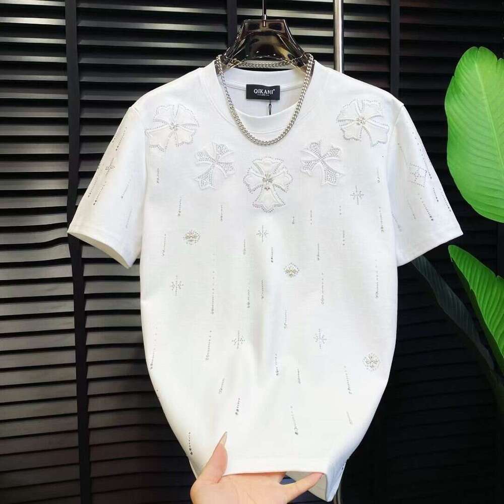 Summer New Luxury Trendy American And European Style Casual Fashion Men's Rhinestone Round-Neck Short-Sleeve Shirt