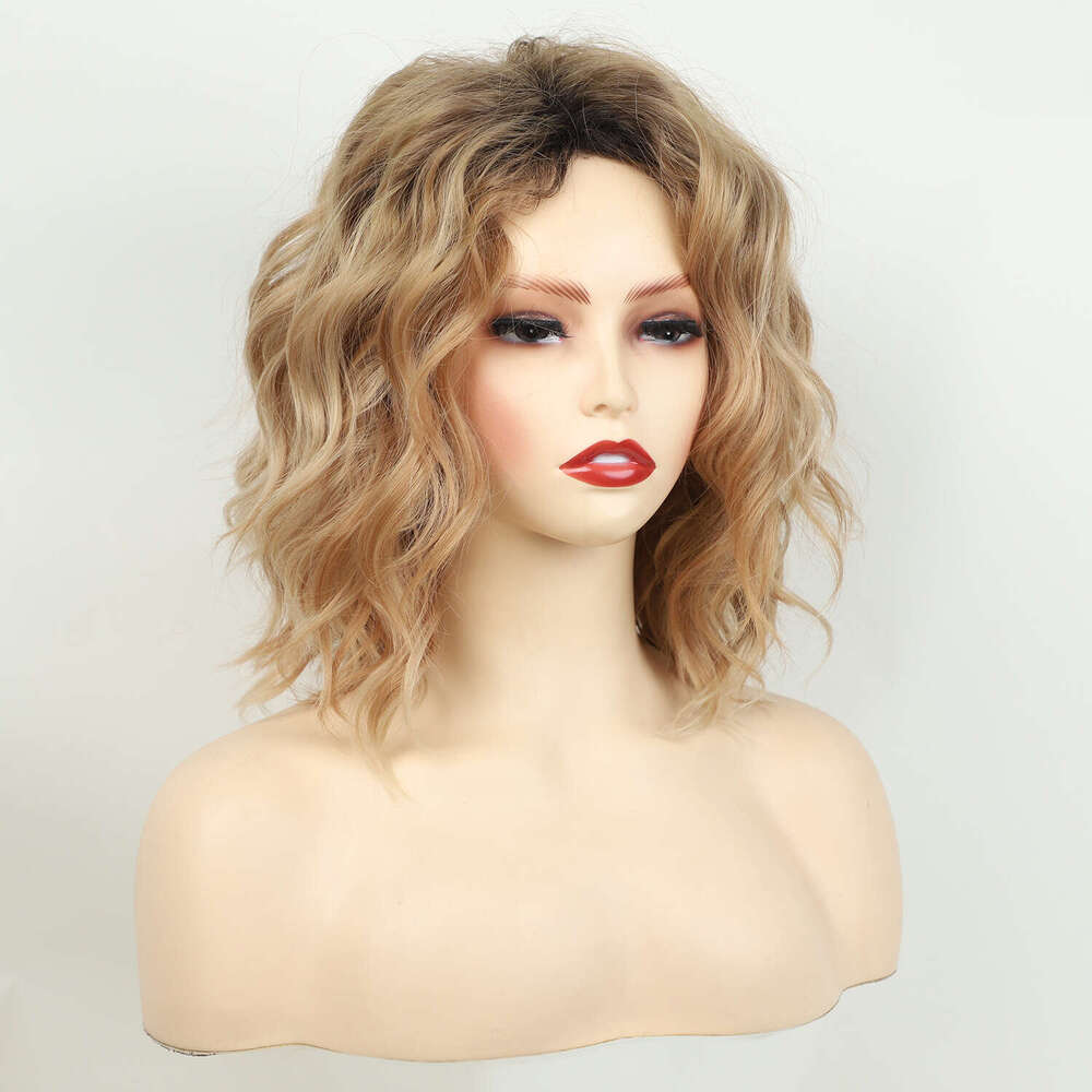 Cross-Border European And American Women's Short Curly Fashion Top Dyed Gradient Gold Side Part Synthetic Hair Wig SHXI