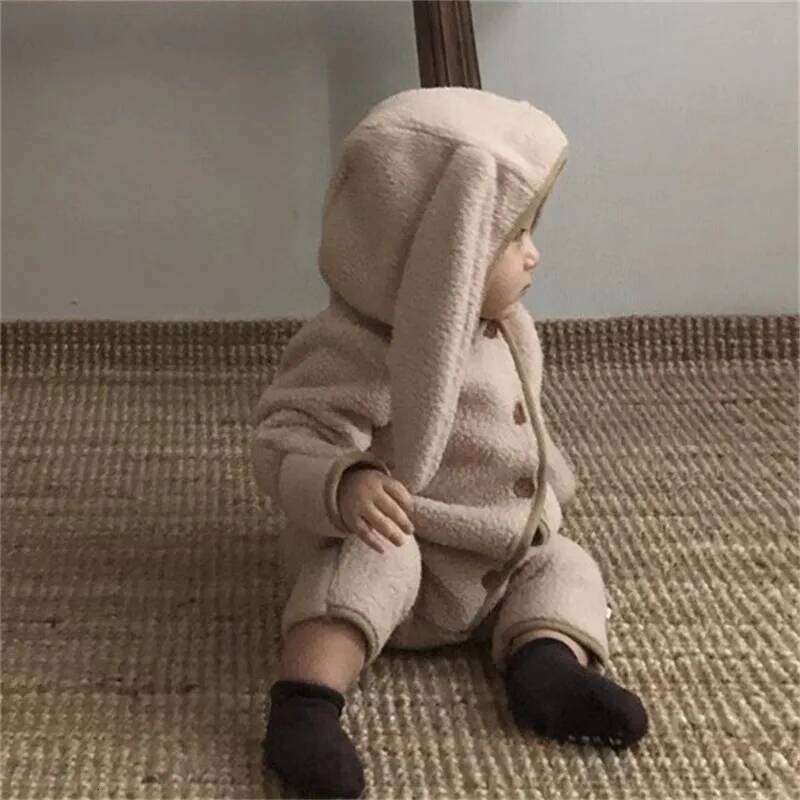 Autumn Winter Girl Baby Fleece Cute Rabbit Ears Cardigan Romper Boy Infant Solid Plus Velvet Warm One-piece Kid Casual Jumpsuit 26H0224