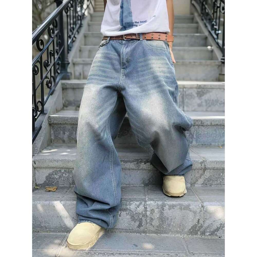 2025 Spring and Autumn New Street Style Trendy Brand Washed Design Jeans Loose Floor-Length Wide-Leg Pants