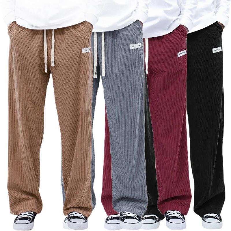 Men's Spring and Autumn Corduroy Beam Foot Casual Cargo Pants, Drawstring Elastic Waist Loose Tapered Pocket Outdoor Sweatpants