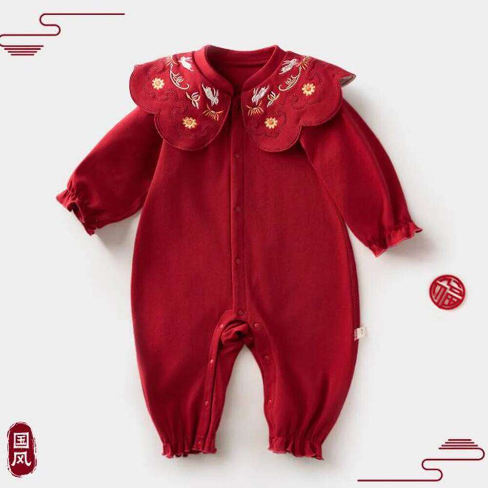 1st Birthday Girl Romper Long Sleeve Cotton Red Color Chinese Style Fall Unisex Infant Clothing Christmas Baby Boy Jumpsuit 26H0224