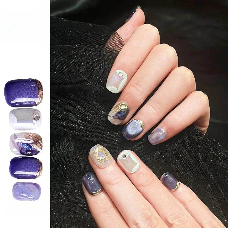 10pcs/set Handmade Dreamy Blue Press-On Nails Short Ballet Shape Gradient Ombre n Glossy Finish Removable False Nail Tips 260209