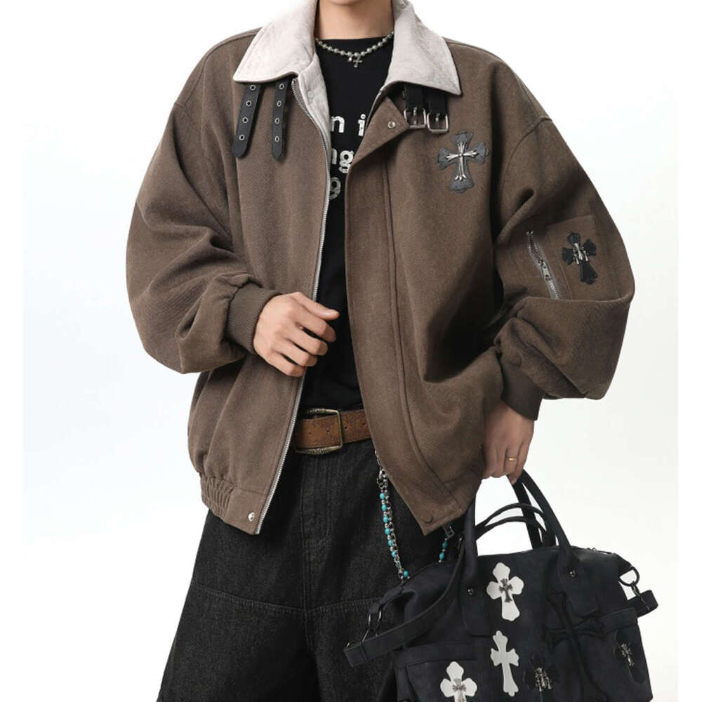 American-Style Cross-Stitch Embroidered Lapel Jacket For Men, Spring High-Street Loose-Fit Design Coat, Trendy Brand, Stylish Short Top