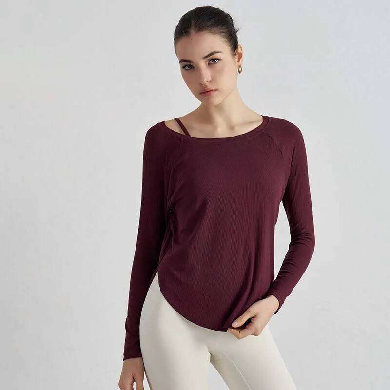 SOISOU Ribbed Round Yoga Top Loose Fit Women's O Neck Pilates Pullover Sports Long Sleeve High Elastic Fitness T Shirt 26Y0224