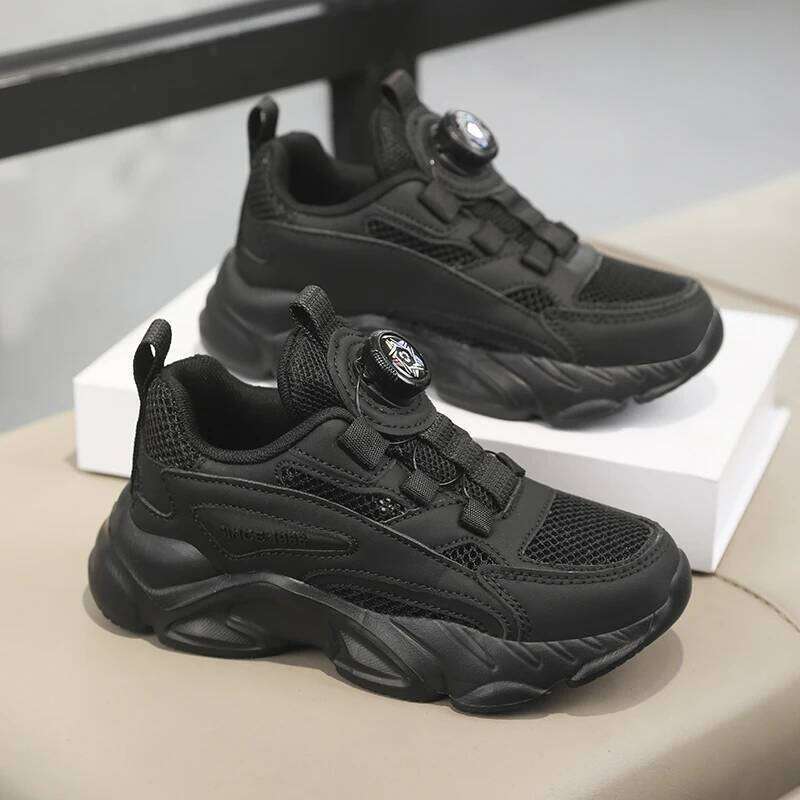 Childrens Sports Knob Buckle Single Double Mesh Sneakers Trendy Breathe Damping Lightweight Casual Running Shoes for Kids 26W0224