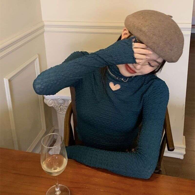 Fangji: A Touch Of Heartiness. Stylish Semi-High Collar Knitted Base Shirt Women, Slim Fit Inner Top For Winter