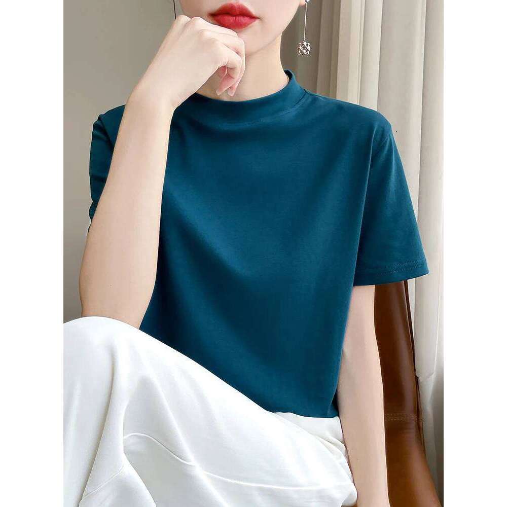 Spring and Autumn New Semi-high-necked Cotton Short-sleeved Women's Stand-up T-shirt Joker Loose Sleeve Top Slim Bottom 26Y0224