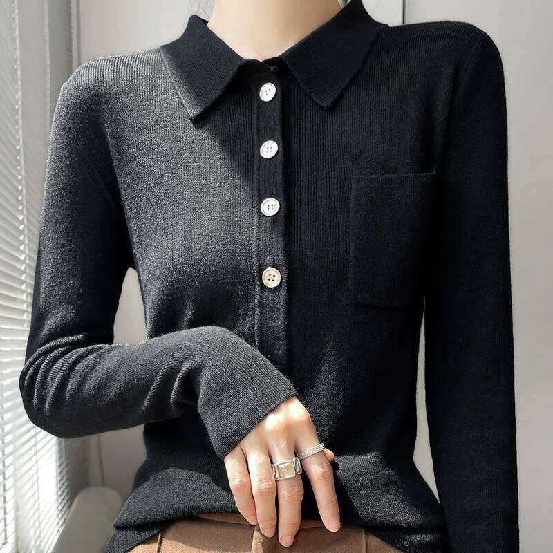 Women 100% Pure Merino Wool Soft Sweater Polo Collar Pullover Autumn Winter Casual Knit Tops Solid Color Regular Female Knitwear 26W0224