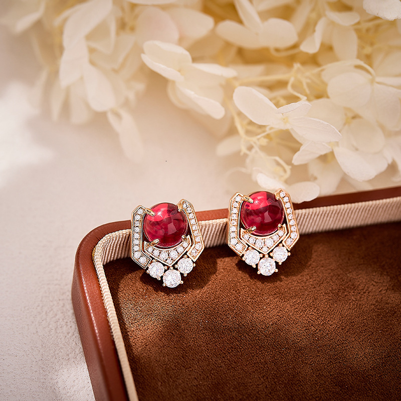 Earrings Geometric Red Bead Earrings, Gold-Plated Earrings, Irregular Design, Stylish Women's Commuter Earrings