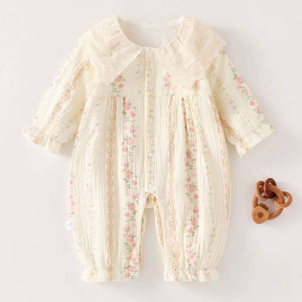 Gauze Baby Rompers Girls Floral Dot Print Peter Pan Collar Newborn Clothing Spring Autumn Infant Girl Long Sleeve Jumpsuit 26H0224