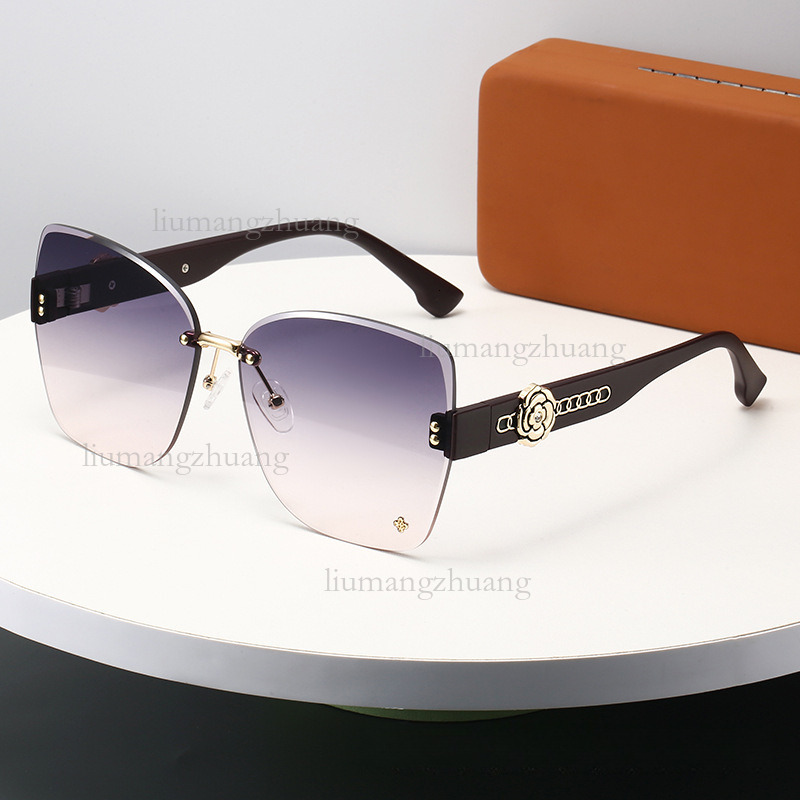 2026 Designer Luxury New Women's Frameless Sunglasses High End Sensation Camellia Internet Celebrity Big Face Sports Outdoor Glasses Leisure Vacation Sunglasses