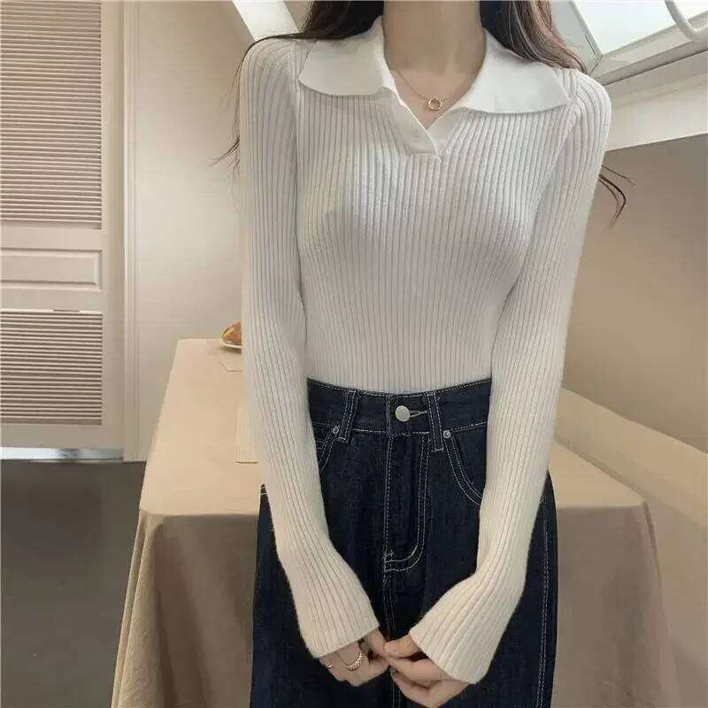 Elegant Vintage Knit Sweater Women's Long Sleeve Lapel Stylish Polo Collar Base Layer Top For Spring Autumn 26L0224