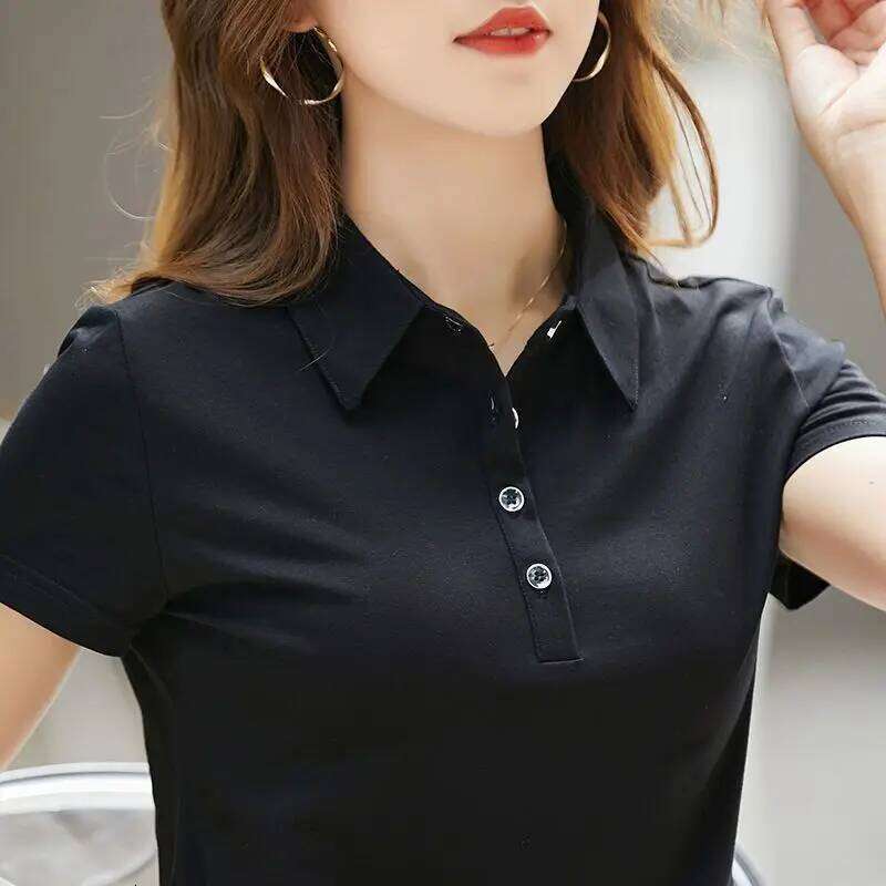 Female Tee Slim 100 Cotton Plain Button Women's Polo Korean Clothing Goth T-shirts Elegant Cheap Aesthetic Hot Sales Emo Kpop 26W0224