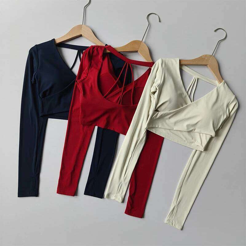 Women's Sexy V-neck Long Sleeve Yoga T-shirt less Slimming Padded Pilates Top Short Sports Cover for Fitness Shirt 26Y0224