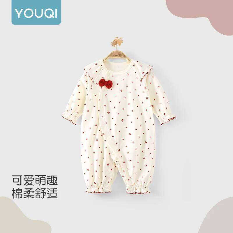 YouqiChinese Pure Cotton One-Piece Clothing, Autumn Romper for Baby Girls, Full-Month Outfit, Crawling Suit, Princess Style 26H0224