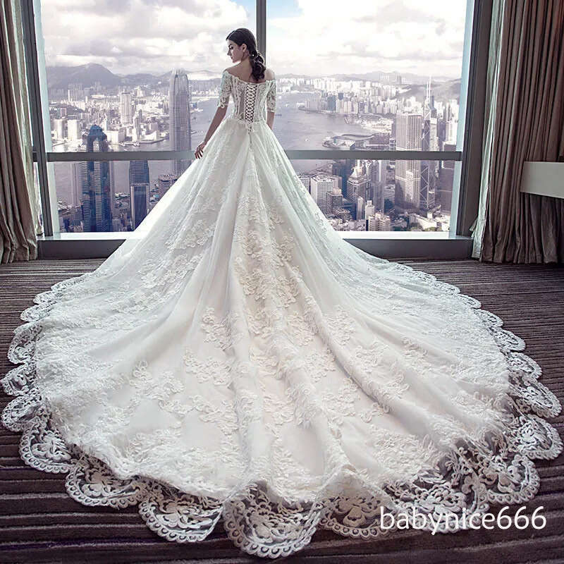 Long Sleeves Dresses New Off Shoulder Sexy Lace Flowers Ball Bridal Dress Robe Mariee Wedding Gown Court Train Country Boho Vestidos De Boda 403