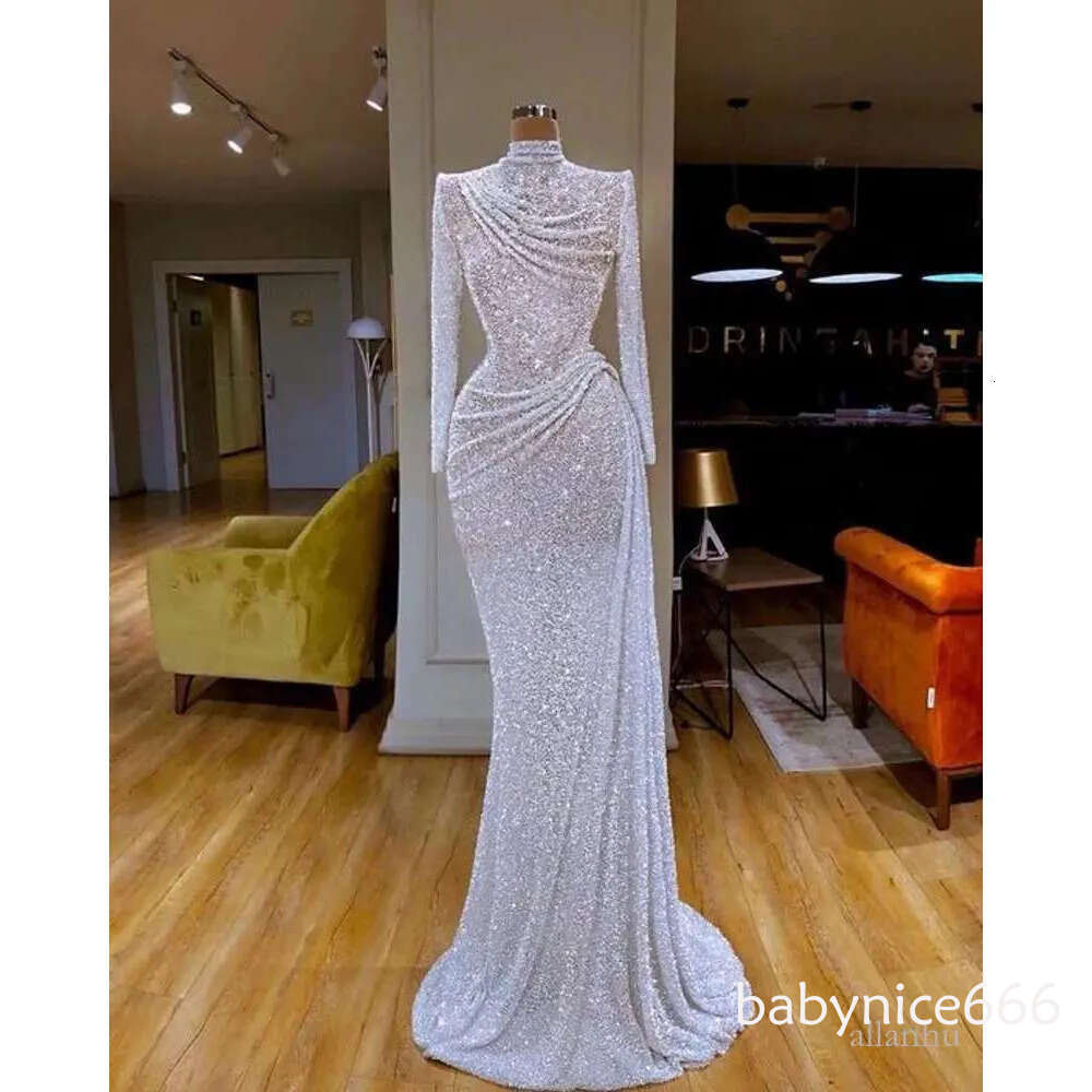 Shiny White Mermaid Long Sleeves High Neck Dresses Sequined Lace Evening Gowns Sequin Sexy Dress Formal