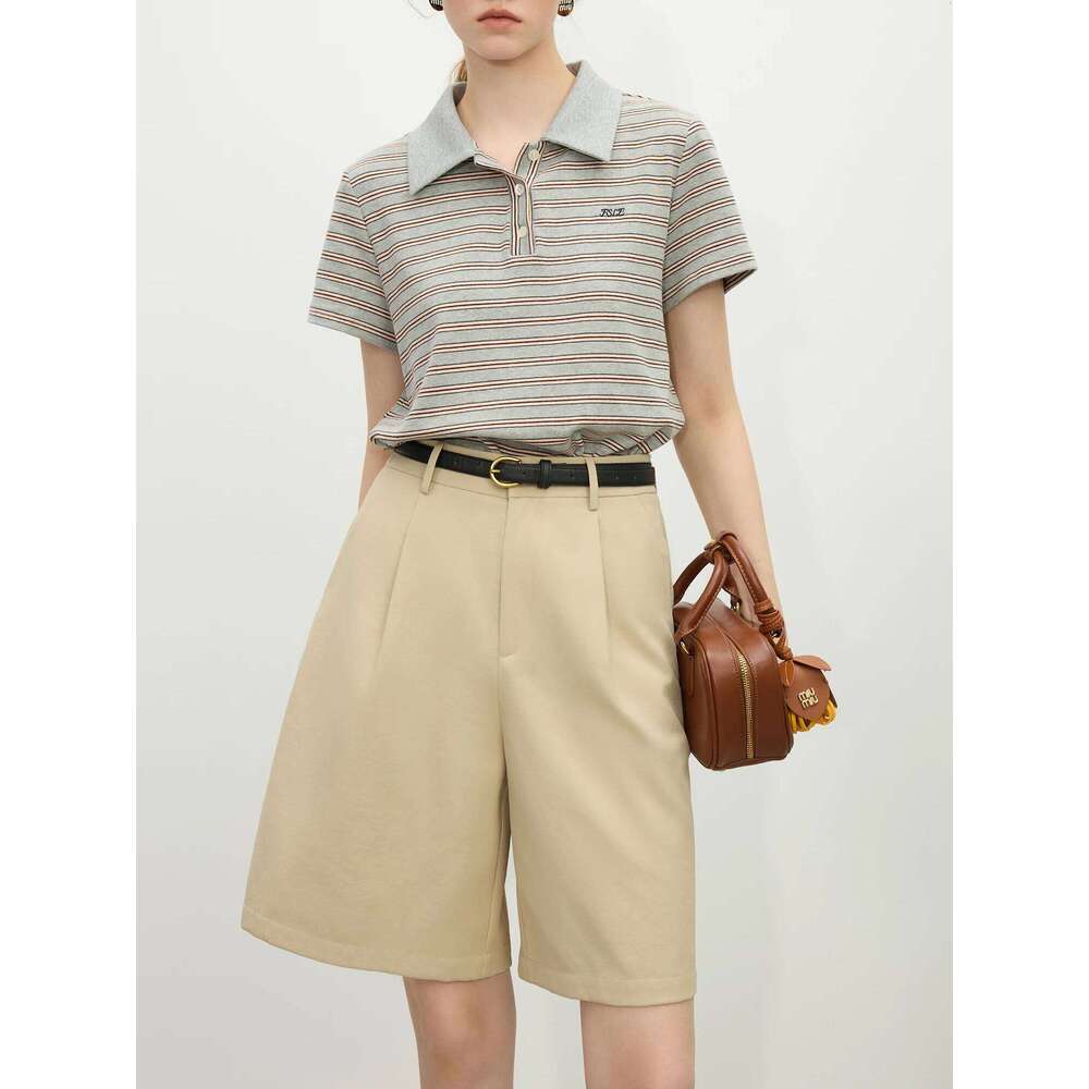 FSLE Polo Collar Retro Knitted Short-sleeved T-shirt Women's Spring 2025 New Design Elegant Style Tops Chic Outfit 25FS11140 26W0224