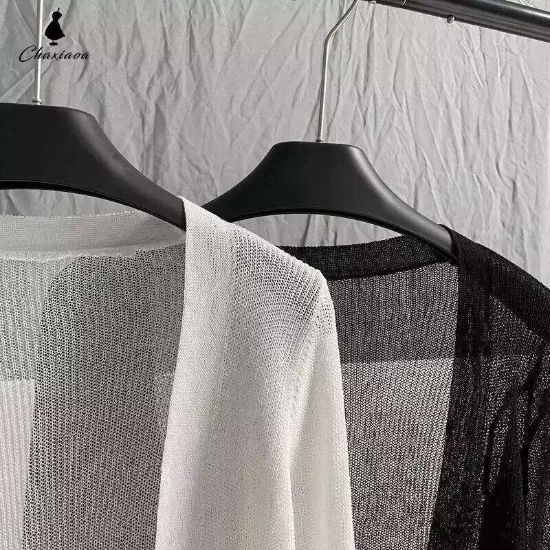 Sunscreen Cardigan Thin Women Knitted Jacket Perspective Long Sleeve Top Overlay Simple Casual Basic Slim Korean Fashion Summer 26L0224