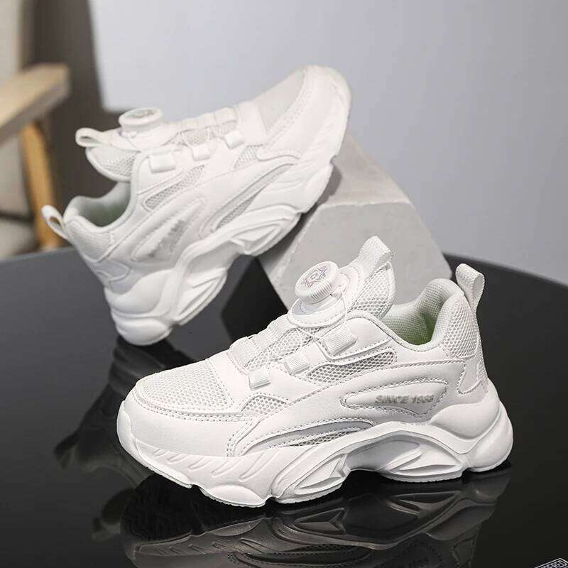 Childrens Sports Knob Buckle Single Double Mesh Sneakers Trendy Breathe Damping Lightweight Casual Running Shoes for Kids 26W0224