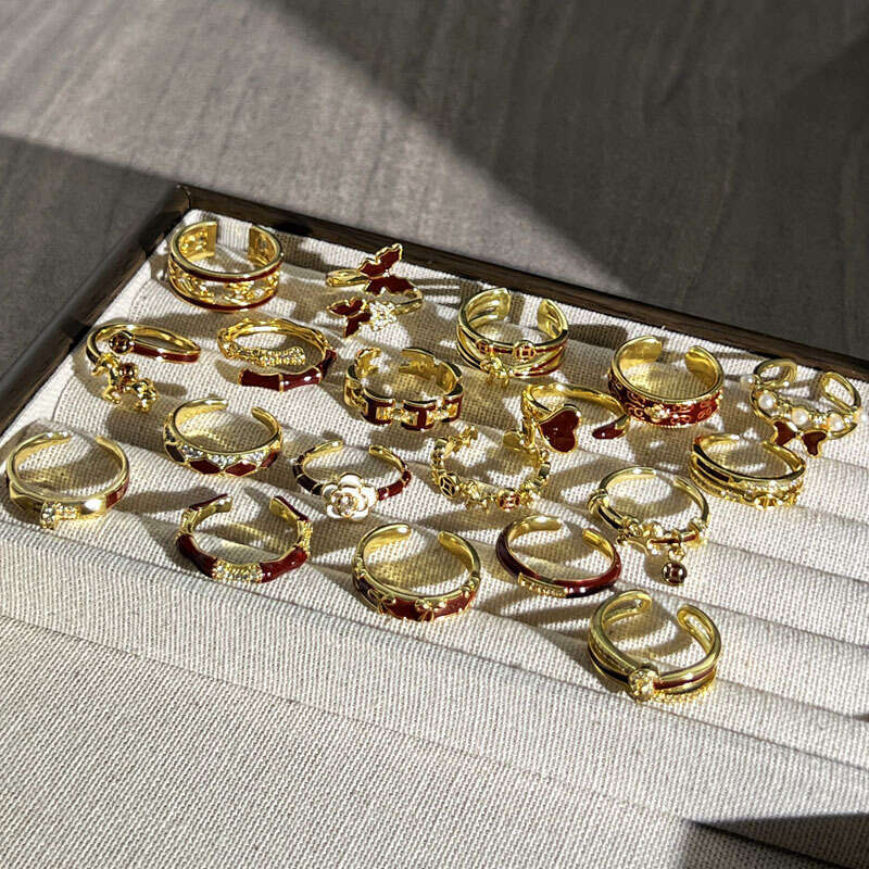 Ring Gold Plated Wine Red Enamel Geometric Zodiac Horse Butterfly Open Adjustable Band for Chinese New Year Festival and Daily Wear Gift High Quality 