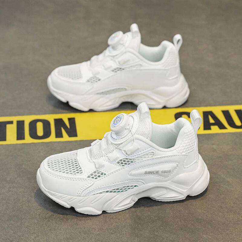 Childrens Sports Knob Buckle Single Double Mesh Sneakers Trendy Breathe Damping Lightweight Casual Running Shoes for Kids 26W0224