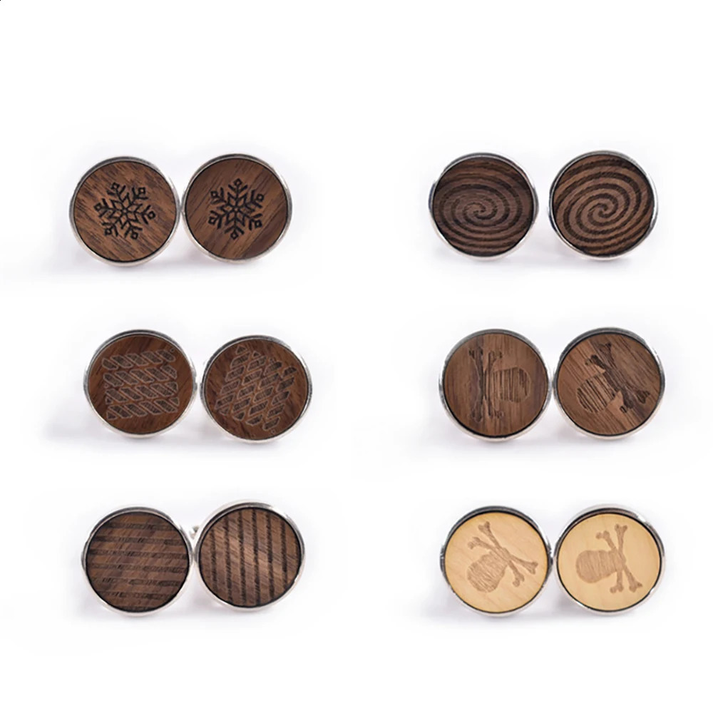 High Quality Novelty Round Cuff links Handmade Wooden Striped Skull Snow Wood Cufflinks Man French Suit Accessories Jewellery 260208