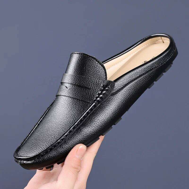 Summer Slip-on Soft Leather Slippers High Quality Flats Male Walking Casual Loafers Half Shoes for Men Lazy Shoe