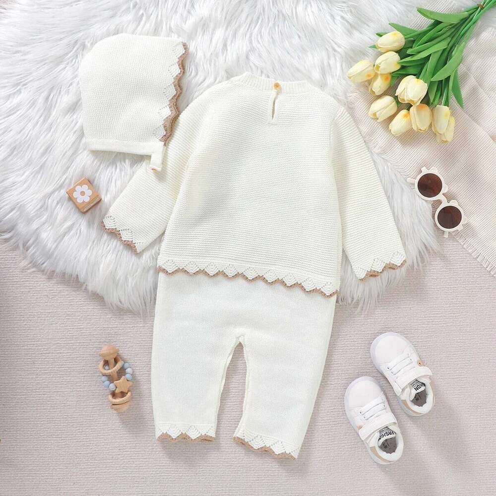 Baby Rompers Knitted Newborn Girls Jumpsuit Long Sleeve Warm Infant Kid Clothing Hat 0-18M Overalls Fashion Ruffles 2pcs Outfits 26H0224