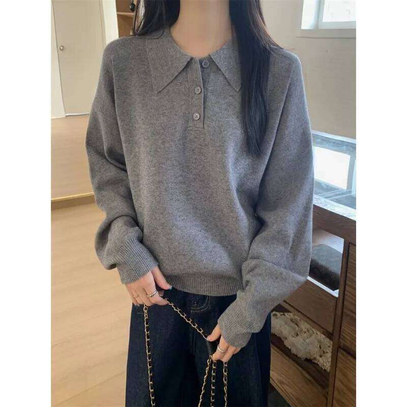 Retro Korean Polo Collar Women Autumn Winter Loose Top Pullover Sweater 26W0224