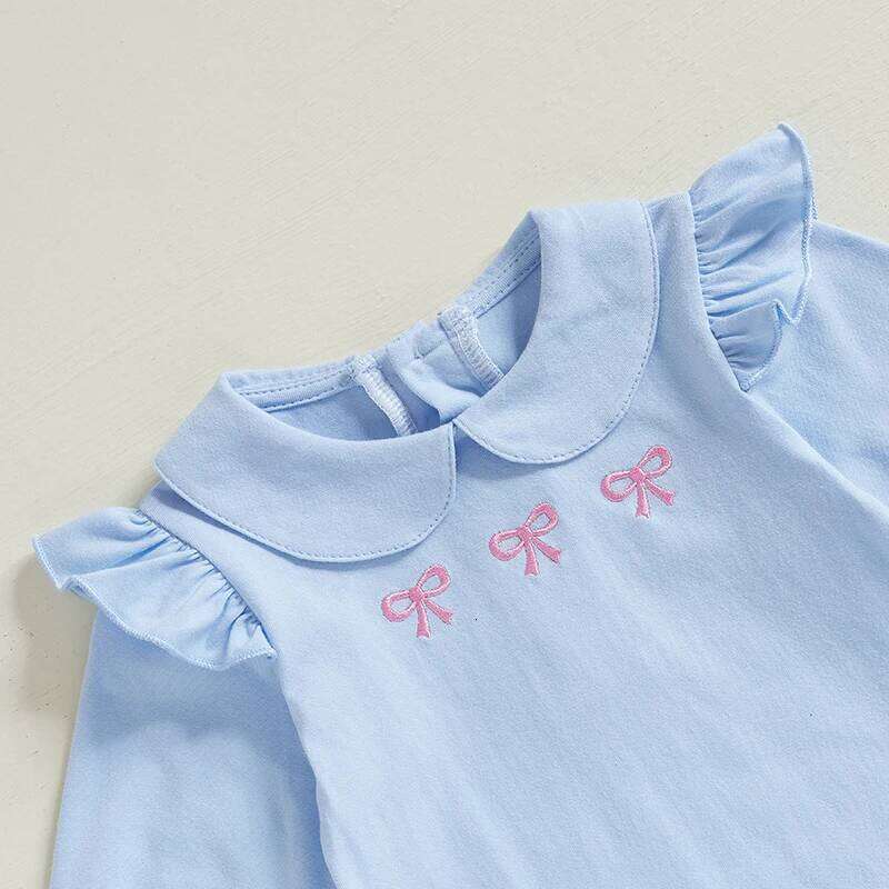 Newborn Girl Long Sleeve Jumpsuit Bow Print Peter Pan Collar Ruffle Romper Playsuit Baby Outfit 26H0224