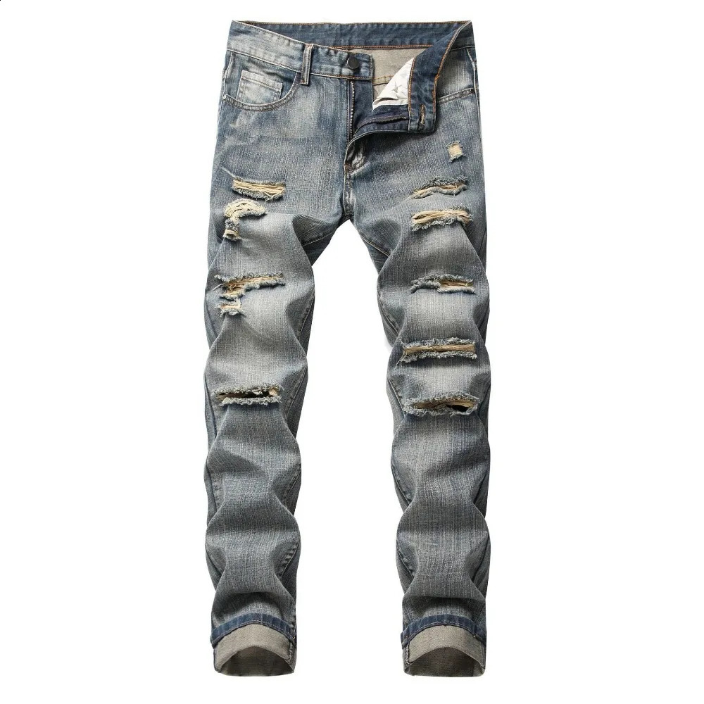 Punk Street Style Ripped Skinny Jeans Men Vintage Wash Solid Denim Trouser Mens Casual Slim Fit Pencil Holes Pants 260207
