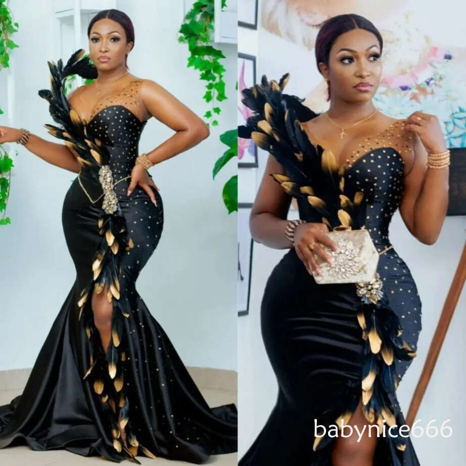 African Nigeria Plus Size Prom Black Women Illusion Mermaid Evening Dresses Feather Formal Gowns for Special Occasions High Split Engagement Gown N05