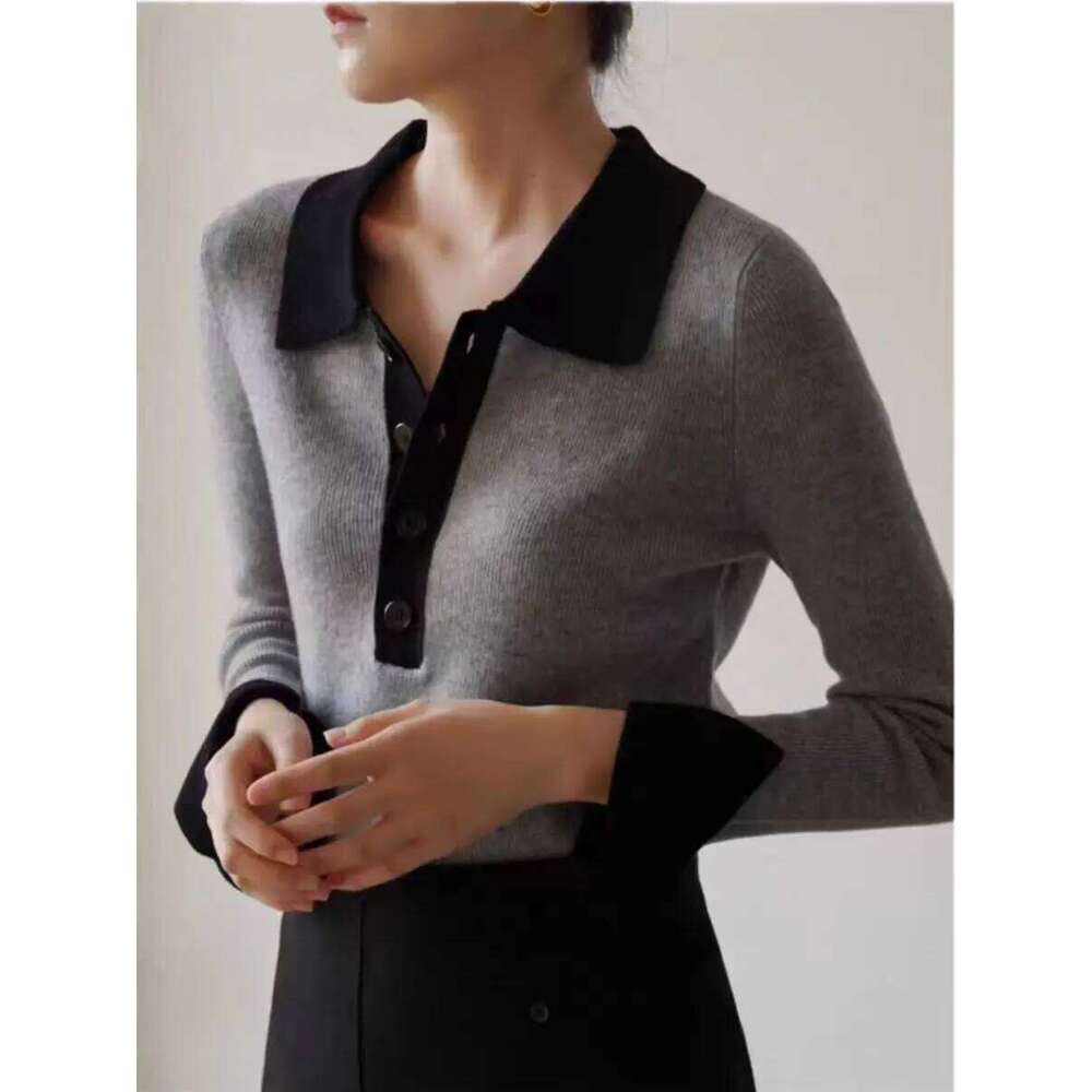 Autumn Winter New Woman 100% Merino Wool Sweater Soft Polo Collar Contrast Color Pullover Knitted Tops Cashmere Female Clothing 26W0224