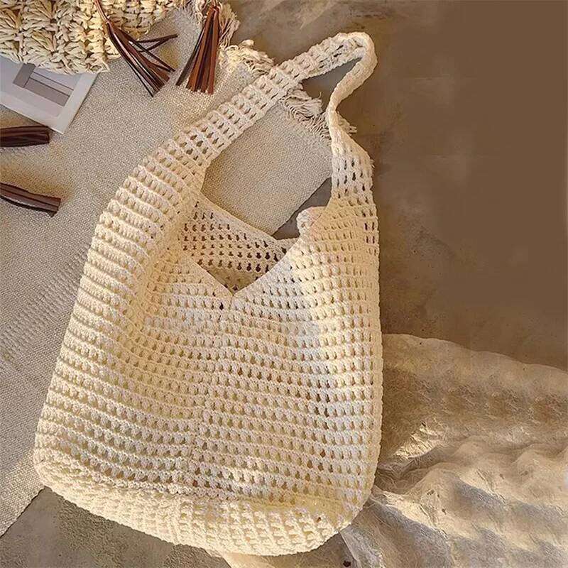 Women's Large Capacity Knitting Shoulder Solid Crochet Tote Handbag Mesh Beach for Summer Underarm Bag Z260224