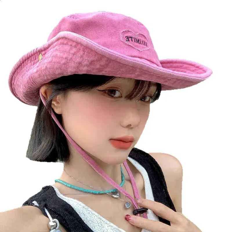 Japanese Retro Washed Cowboy Hats for Women Spring and Summer Outdoor Camping Sun Protection Sweet Pink Love Bucket Caps 260206