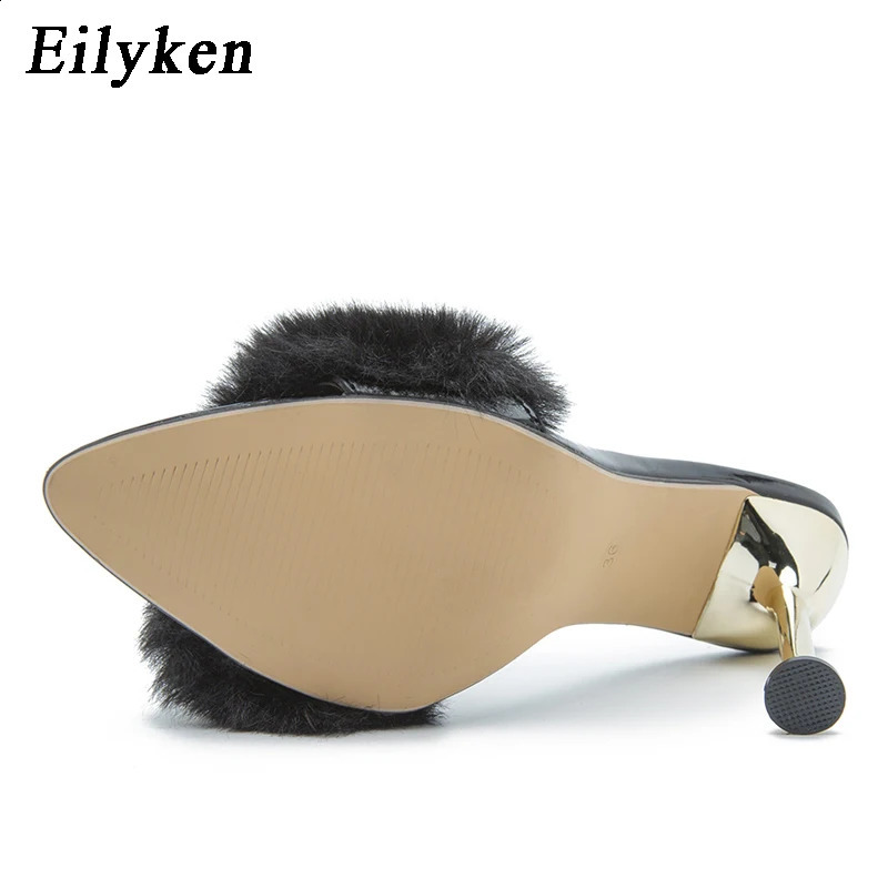 Eilyken Summer Fashion n Fluffy Fur Pointed Toe Women Slippers Stiletto Heels Mules Slide Ladies Shoes 260124