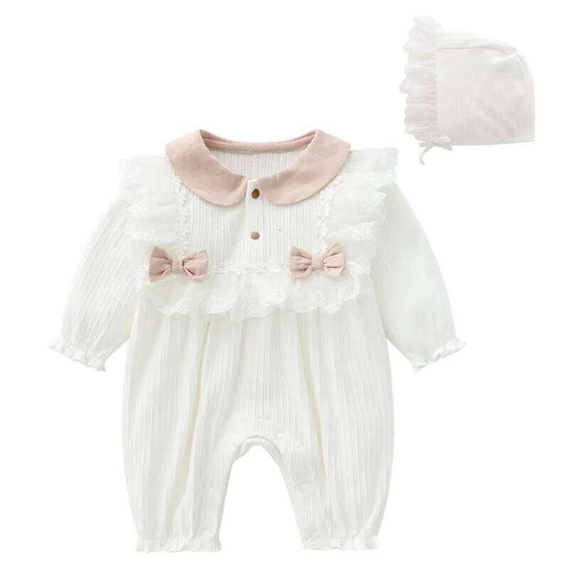 2Piece Sets Spring Autumn Newborn Girls Clothes Korean Cute Lace Bow Princess Peter Pan Collar Jumpsuits+Hat Baby Stuff B174 26H0224
