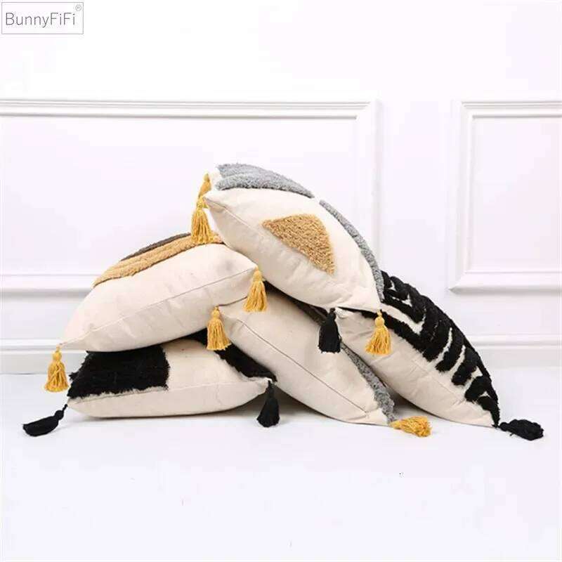 Embroidery Cushion Grey Khaki Tassels Home Decor Cover 45x45cm Geometric Decorative Sofa PillowCase Pillow Sham