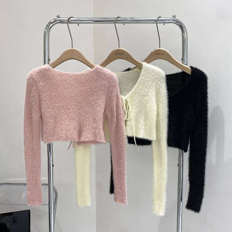 2026 New Autumn Women V-neck Long Sleeve Knitted Sweaters Bow Lace Up Solid Color Slim Short Casual Cardigans Tops 26L0224