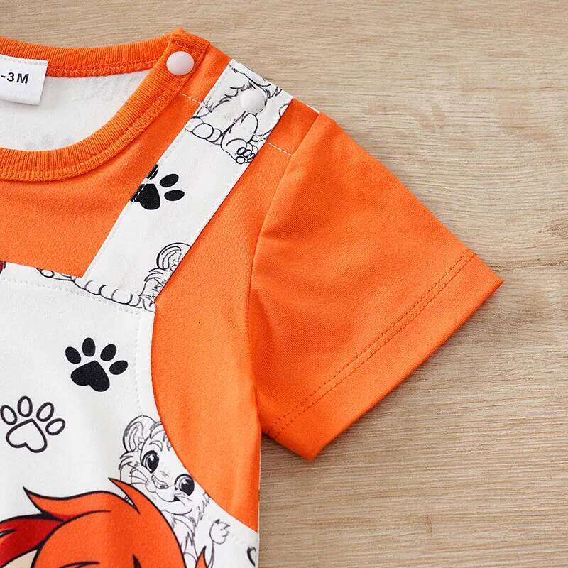 Cute Lion Print with Faux Two-Piece Design baby clothes Summer Newborn 0-18Months Boys and Girls Baby Short-Sleeve Romper 26Y0224