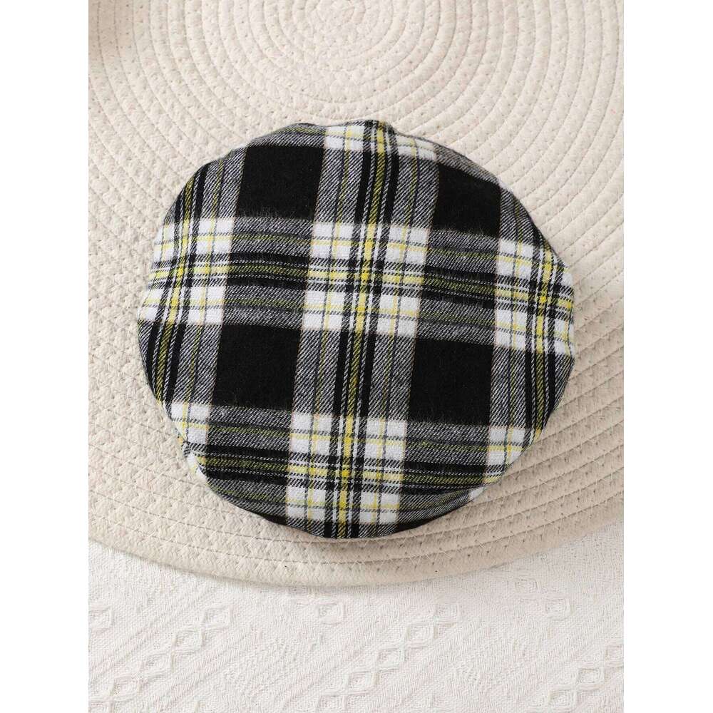 Newborn Literary Style Boy Baby Lapel False Strap Black Plaid Color Matching Jumpsuit Long Sleeve Button Cardigan Pantyband Hat 26Y0224