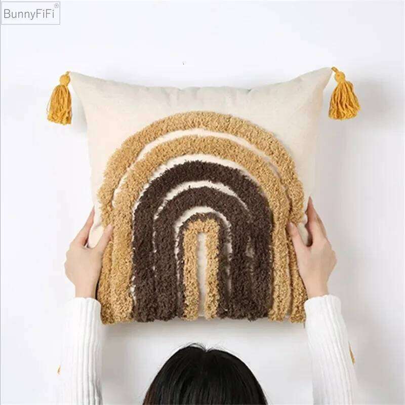 Embroidery Cushion Grey Khaki Tassels Home Decor Cover 45x45cm Geometric Decorative Sofa PillowCase Pillow Sham