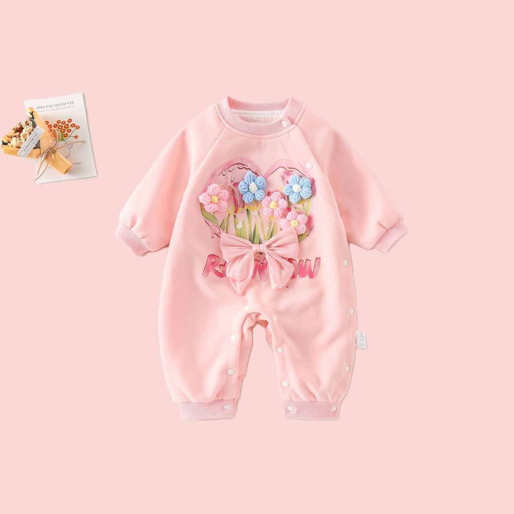Girls Spring Comfortable Onesie with Cotton Lining And Flower Butterfly Knot Design Baby Clothes for Infants 26H0224
