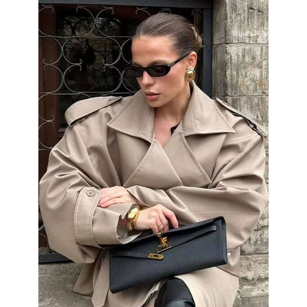 Mardi Hefxessdr Women Lace Up Loose Trench Coat Fashion Lon Sleeves Lapel Wide Shoulder Oversized Windbreaer Lady Commute Street Outerwear