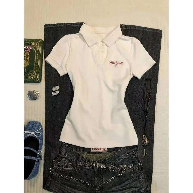 Deeptown White Vintage Letter Embroidery Women's T-Shirts Basic Short Sleeve American Style Polo Collar Tees Slim Gyaru Summer 26W0224