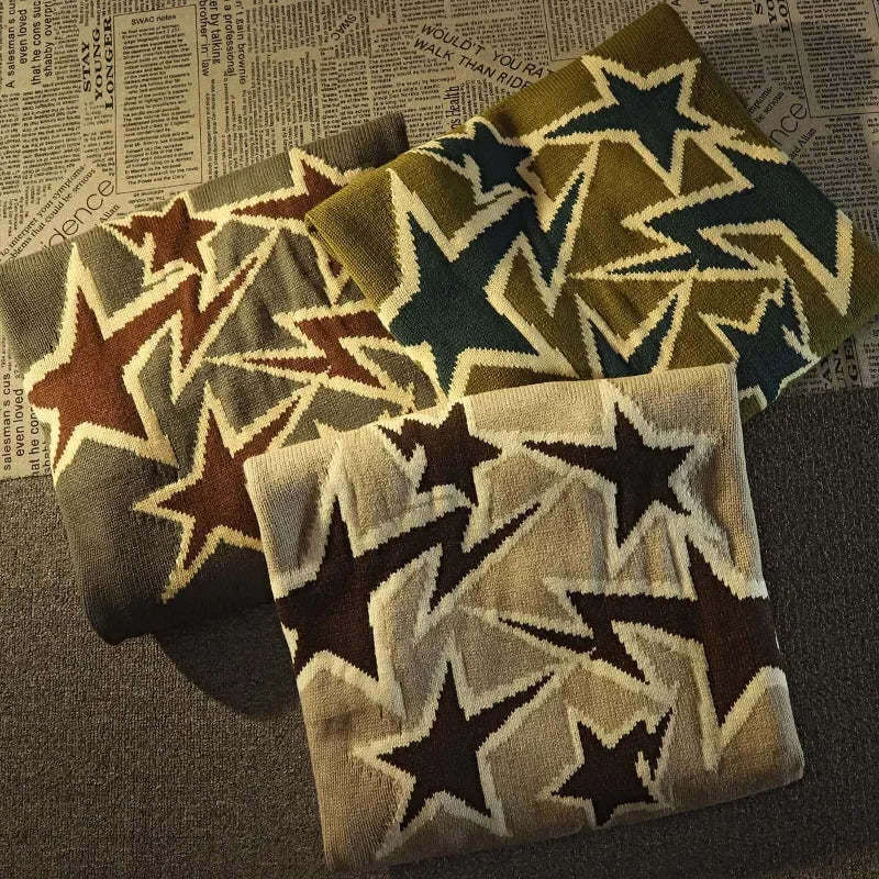 American-Style Trendy Brand Five-Pointed Star Jacquard Crew Neck Sweater For Men Women, Loose Casual , Autumn And Winter Knit Top